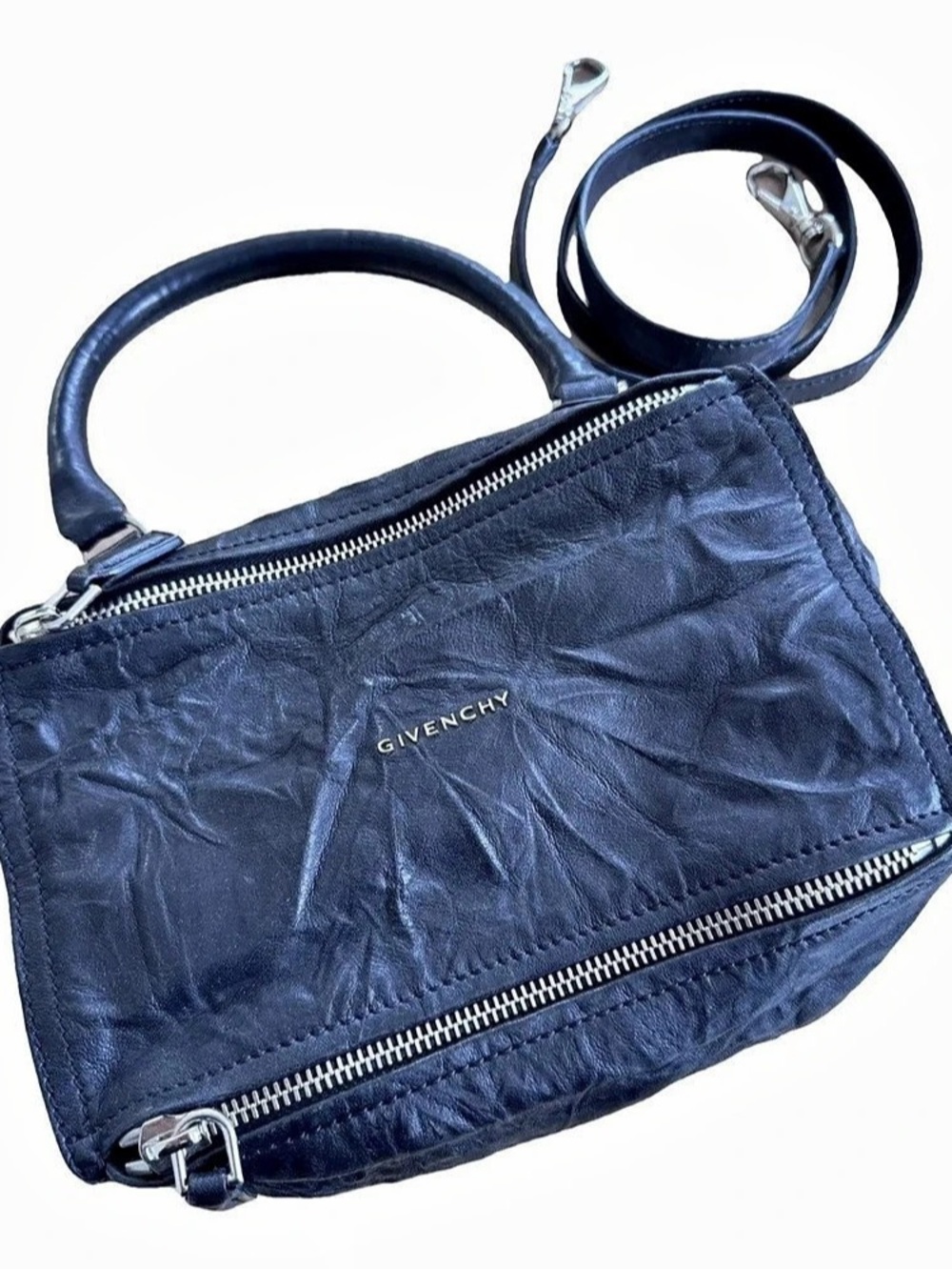 GIVENCHY Navy Blue Distressed Leather Mini Pandora Crossbody Bag NWT